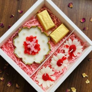 Premium Floral Urli Candle Gift Hamper with 3 Decorative Flower Candles & Chocolates | Elegant Festive Gift Set